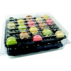 Boîte pour 70 macarons, 2 calages de 35 macarons et boîte thermoformée transparente