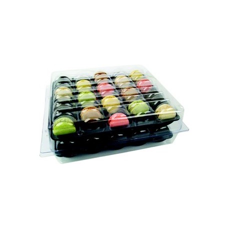 Boîte de 70 macarons, 2 calages de 35 macarons et boîte thermoformée transparente